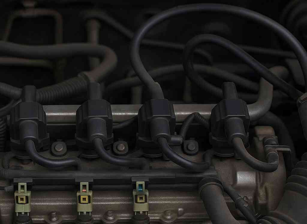 نمای نزدیک موتور خودرو با انژکتور، شمع و کوئل