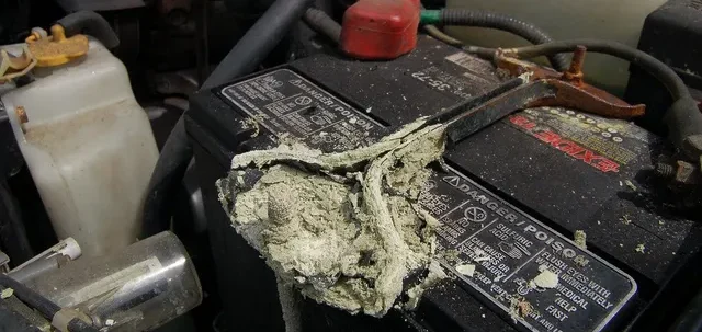 باتری با کابل‌ها و قطب‌های سولفاته یا زنگ‌زده.