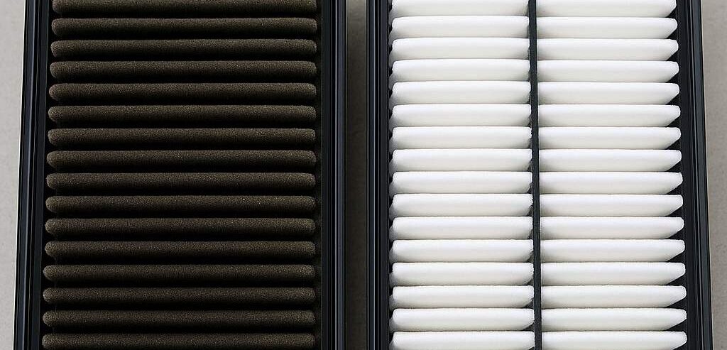 عکس فیلتر هوای کثیف و تمیز کنار هم (برای نشان دادن تأثیر فیلتر در مصرف سوخت).