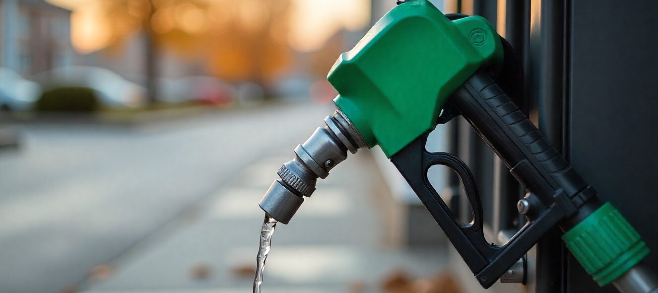 نمای نزدیک از نازل پمپ بنزین در حال ریختن بنزین به روی زمین.